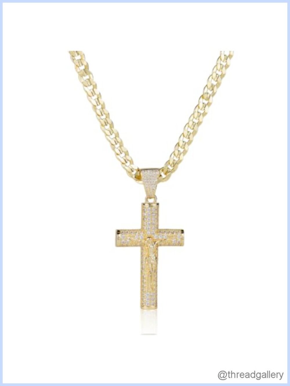 14K Gold-Plated Cuban Chain Cross Necklace 24 Inch 6mm Crucifix Pendant